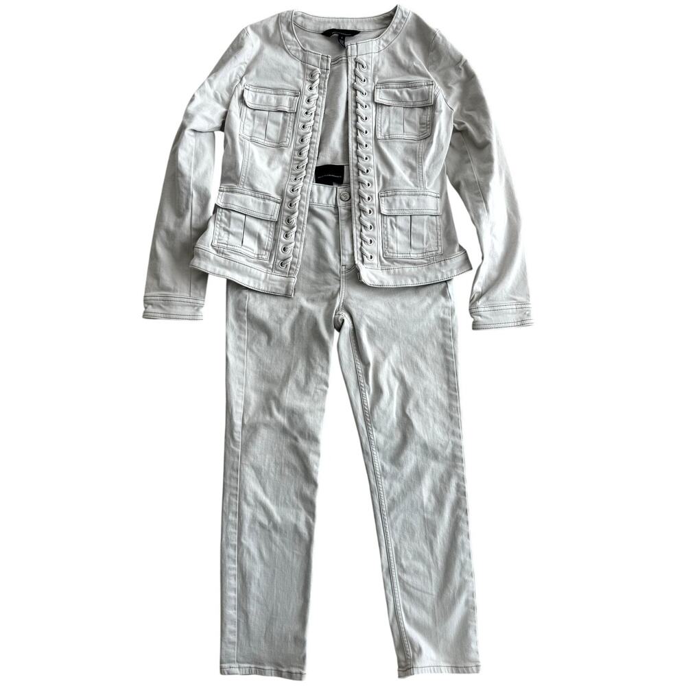 white house black market lace up stylist jacket and pants set denim 2pc Y2K 90s